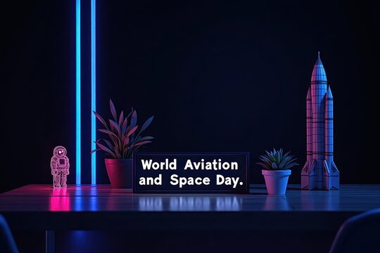 A futuristic dark desk with a rocket model, astronaut figurine, and a sign reading "World Aviation and Space Day," illuminated by neon blue and pink lights