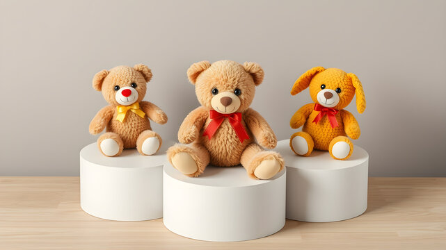 podium photo of 3 kids toys teddy bear top view roundish composition. Generative AI