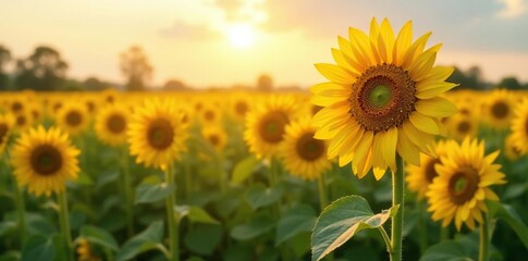 Obraz premium Sunflower fields with tall stalks swaying in breeze, sunflowers, summer