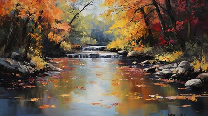 Fototapeta premium Serene river surrounded by autumn trees, vibrant foliage reflecting on water, peaceful nature scene perfect for relaxation.