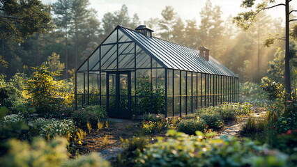 Obraz premium Greenhouse with glass walls and a roof, climate control to nurture lush green plants and vibrant flowers. Sunlight shines through the glass, creating a warm and humid environment