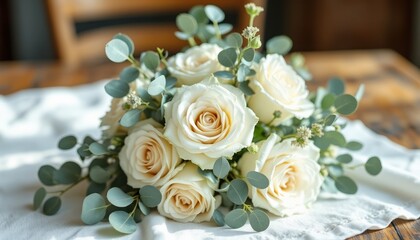 Obraz premium Bouquet of creamy white roses with soft green eucalyptus leaves. Bouquet on a rustic wooden table, creates a warm and cozy atmosphere, suitable for florists, wedding planners and home decor