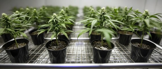 Indoor Cannabis Cultivation Row Plants in Pots