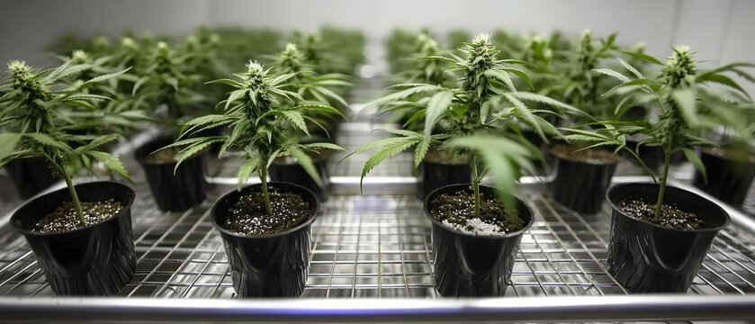 Indoor Cannabis Cultivation Row Plants in Pots