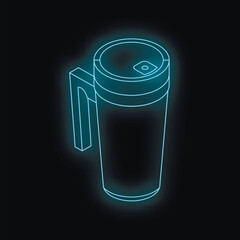 Neon blue reusable coffee cup glowing on black background, representing sustainability and modern lifestyle
