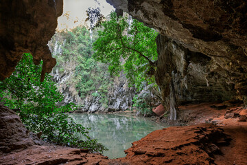 Princess Lagoon (Sa Phra Nang) between steep and rugged cliffs in Railay, Krabi, Thailand.