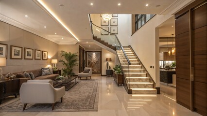 Modern interior living room with staircase and elegant furniture, cozy atmosphere, home design