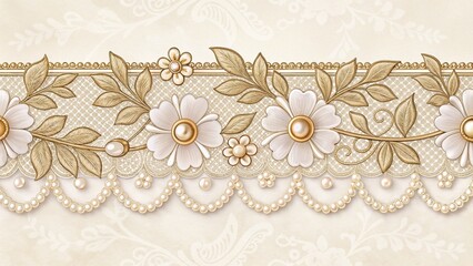 Decorative vintage border with lace floral patterns and pearl accents in soft cream and gold tones