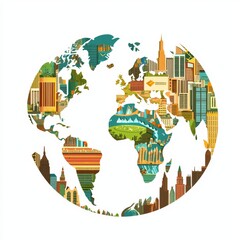 Colorful World Map Illustration Featuring Iconic Landmarks and Urban Silhouettes in a Creative Design Format