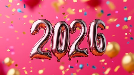Bold chrome balloon figures forming the number 2026 floating over a vibrant confetti filled party background in vivid reds and golds 