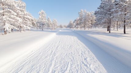 Obraz premium Snowy forest path, winter landscape, cross-country skiing, sunlight