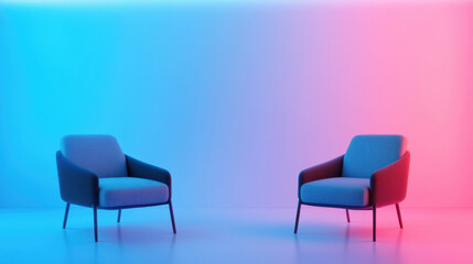 Obraz premium Minimalist chairs in futuristic setting with colorful lighting. design features two stylish armchairs against gradient backdrop, creating modern and inviting atmosphere