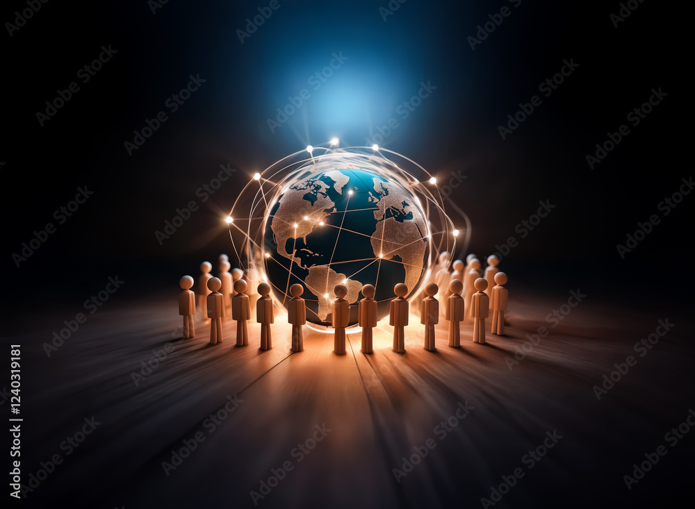 Poster a glowing earth encircled by a network of connections, surrounded by a ring of small figures, repres