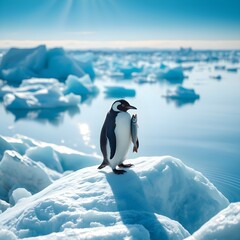 Fototapeta premium Penguins living in Antarctica. Standing on a snowy mountain holding a fish eating rice Antarctic Penguins