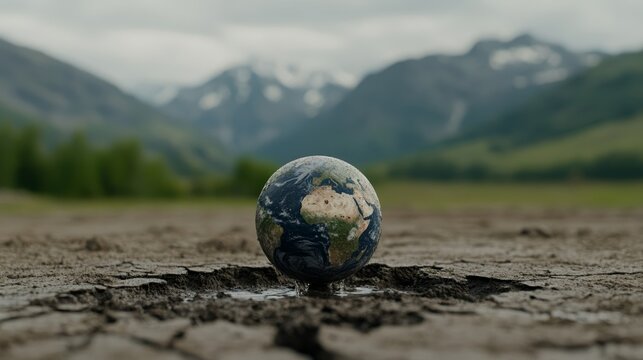 Elegant Abstract concept of oil dripping from a globe shaped faucet into a cracked earth basin symbolizing the depletion of natural resources 