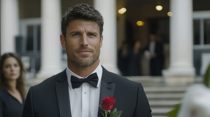 Elegant Bachelor host standing with a rose in hand as the mansion doors open to a night filled with dramatic introductions cinematic debut 