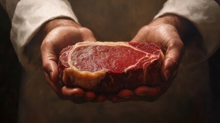 Chef Holding Fresh Steak in Hands