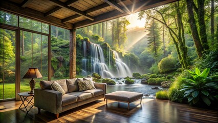 Fototapeta premium Serene Waterfall View From A Luxurious Living Room