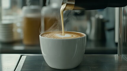 Elegant Close up of thick creamy evaporated milk being stirred into hot coffee creating rich swirls of color cozy morning drink 