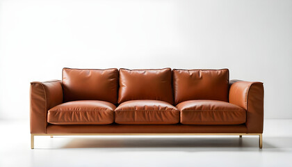 Fototapeta premium Canapé en cuir marron sur fond blanc uni