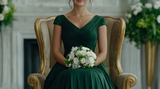 Elegant Dark emerald bridesmaid gown with a velvet texture resting over a gold chair vintage wedding luxury concept 