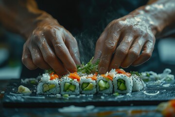 Chef's hands delicately garnish freshly made sushi rolls with vibrant herbs, creating a delicious culinary masterpiece.