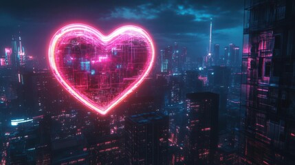 Obraz premium Craft a cyberpunk neon heart, Hovering with holographic glow above a cityscape