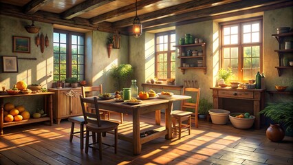 Fototapeta premium Sunlit Rustic Kitchen with Wooden Table and Chairs