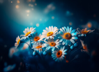 A cluster of white daisies with vibrant orange centers, illuminated by a soft, ethereal light against a dark blue background.  The scene evokes a sense of mystery and tranquility.