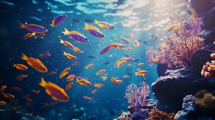 Vibrant Coral Reef with Orange and Purple Fish Swimming in Sunlight