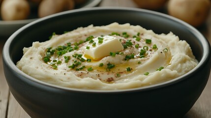 Elegant Evaporated milk slowly mixing into mashed potatoes in a ceramic bowl with melted butter and chives on top creamy side dish 