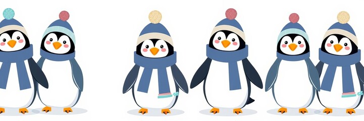 Fototapeta premium Adorable penguins in winter clothes and hats isolated on white background, funny cartoon arctic animals in outerwear, childish vector illustration, flat style, isolated, funny, vector illustration