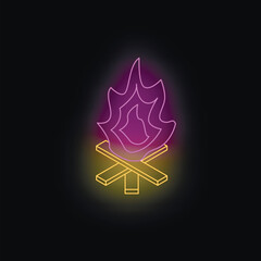 Neon bonfire illuminating the night with purple and yellow glow, perfect for representing camping, warmth, or outdoor adventures