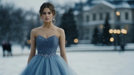 Naklejka premium Elegant Floor length icy blue ball gown with layers of glittering tulle cinched waist and pearl accents set against a snowy evening scene magical vibe 