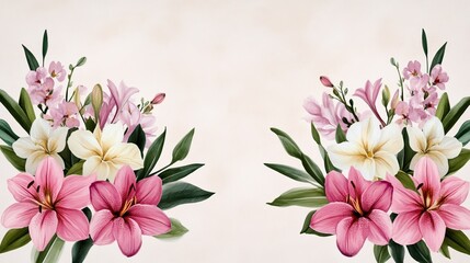 Fototapeta premium Elegant floral design creating 2026 using orchids lilies and jasmine in soft pink white and purple tones on a soft watercolor background 