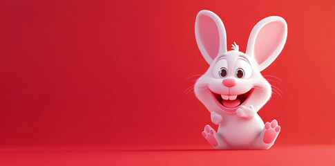 Cute 3D cartoon rabbit character smiling on red background