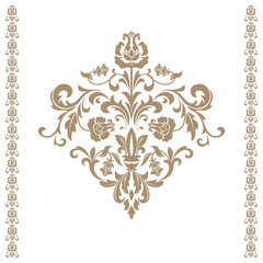 Damask graphic ornament. Floral design element. Beige and white vector pattern