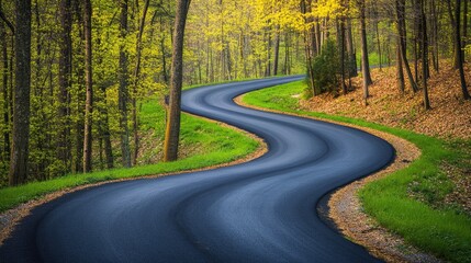 Fototapeta premium Black asphalt road winding through a green forest with crisp, clean edges.