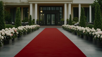 Obraz premium Elegant Glamorous red carpet lined with roses leading up to a luxurious mansion entrance during the Bachelor premiere night opulent setting 