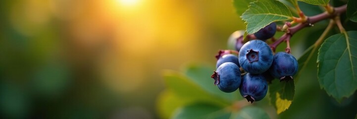 Obraz premium Ripe blueberries on the bush of dark purple bilberries in autumn sun, foliage, nature, leaves