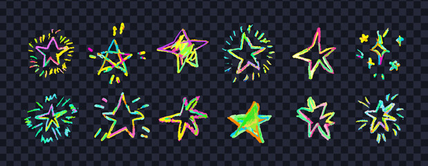 Set of colorful neon chalk drawing stars. Shine or sparkle doodle collection. Children style rainbow wax pencil handdrawing elements of night sky. Vector crayon scratch grunge texture star shapes