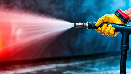 Industrial worker cleaning with high pressure water jet, wearing protective gloves, using powerful spray against dark background with dramatic red and blue lighting