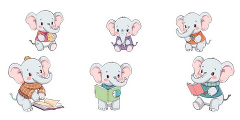 A set of 6 cute elephant girls in various poses and outfits, perfect for children's books, apparel, and stationery, cute, six, illustration