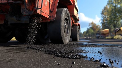 Close-up of hot asphalt mix being poured onto a prepared roadbed.
