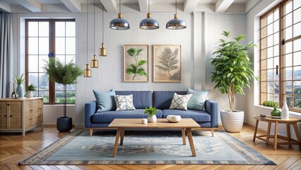 Bright Living Room with Blue Sofa and Natural Light