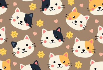 Seamless Cat Face Vector Pattern: Cute Cartoon Style, Brown Background with Yellow Flowers and Hearts, 8k Resolution, Baby Fabric, Illustration vector, Flat Design.
