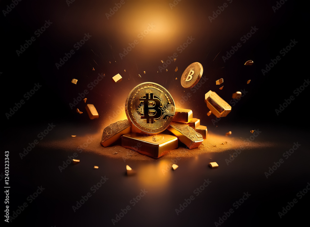 Poster a glowing bitcoin rests atop a pile of gold bars, with fragments of gold and smaller bitcoins explod