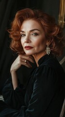 Fototapeta premium A sophisticated woman with vibrant red curls gazes thoughtfully, adorned in a black outfit and elegant earrings, exuding confidence and grace in a lavish interior filled with rich textures