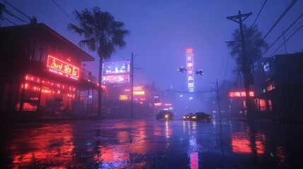 Naklejka premium Cyberpunk Street Scene with Neon Lights. Generative AI