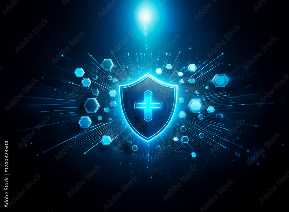 Poster a glowing blue shield with a plus sign at its center, surrounded by a burst of energy and hexagonal 
